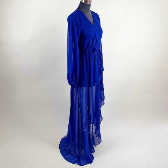 COPY - Royal Blue Chiffon Maxi Wrap Asymmetrical Dress - Picture 3 of 11